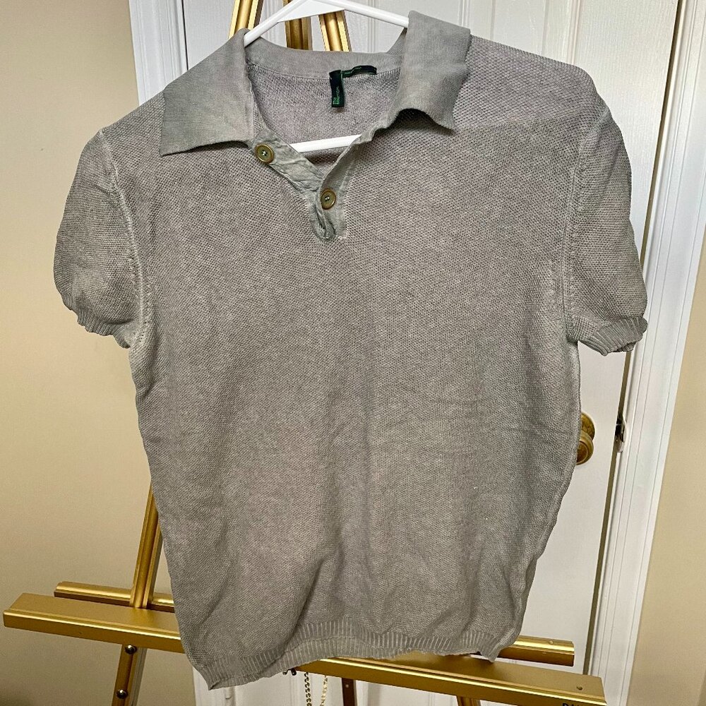 Stile Benetton Made in Italy Vintage Knit Polo Shirt Gray Short Sleeve Vintage